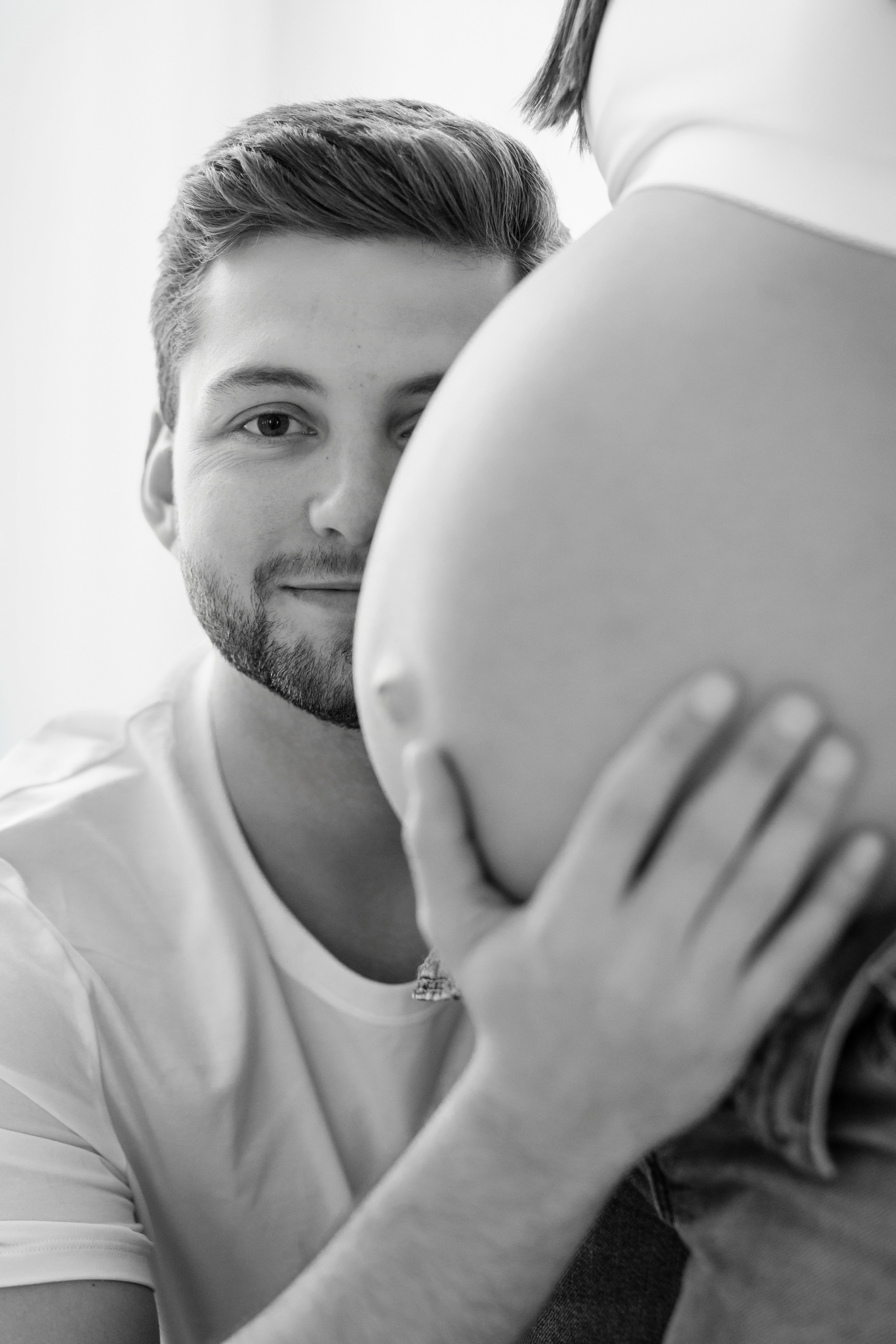 denim and white top maternity in studio black and white