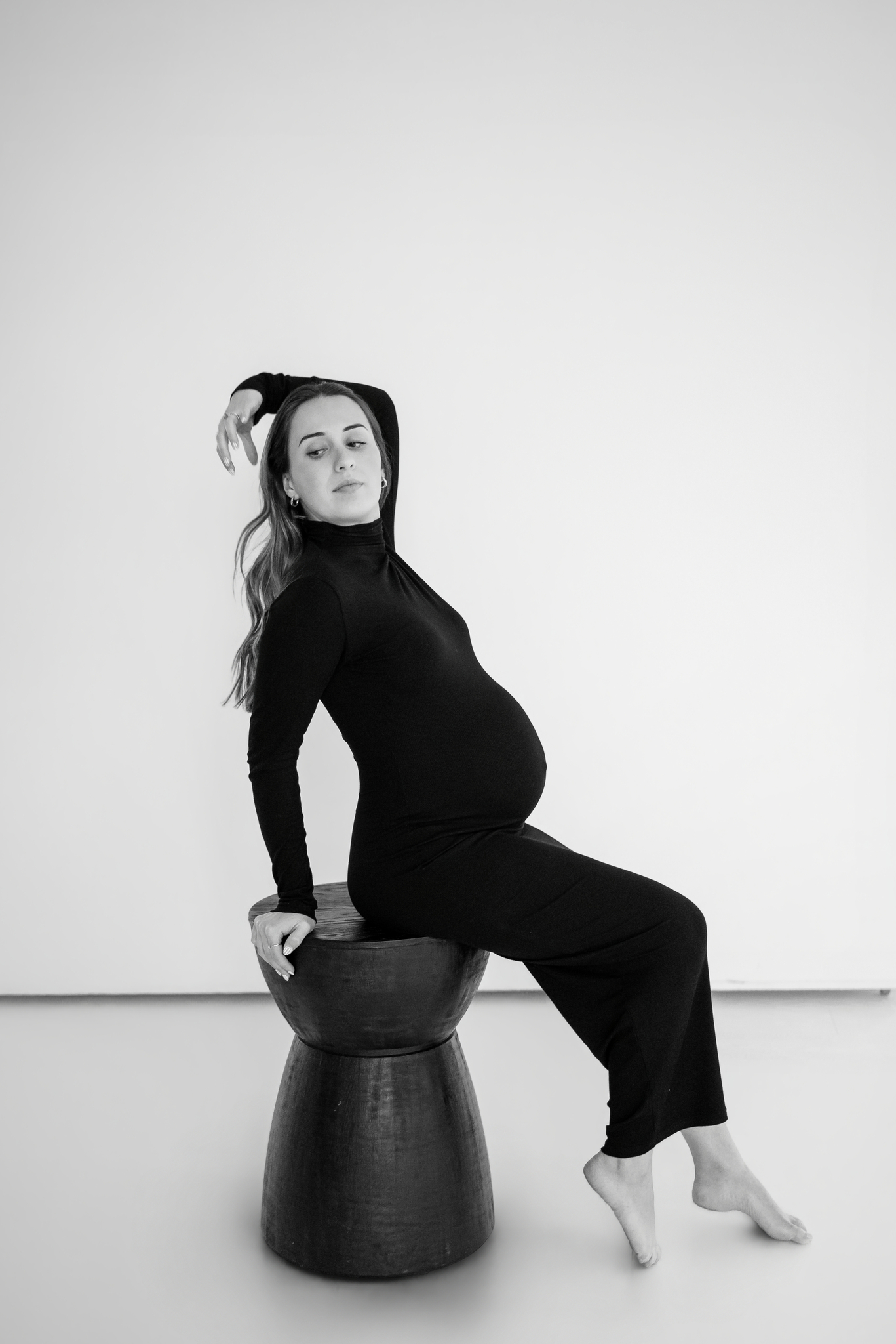 black gown maternity in studio black and white